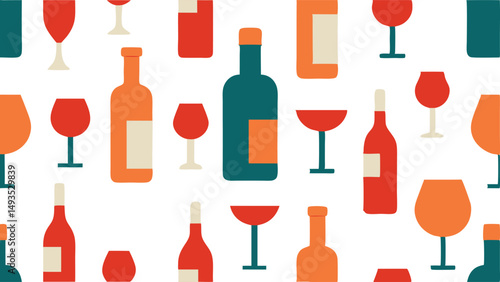 Elegant Wine Glasses and Bottles Pattern Design on White Background.