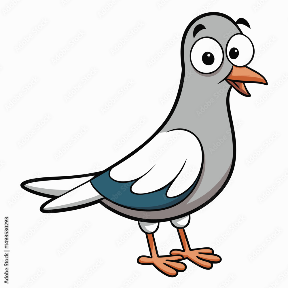 Obraz premium Cartoon pigeon stands with a surprised expression on white, ready to amuse children