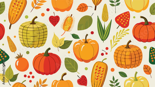 Fall Harvest Seamless Pattern Featuring Pumpkins Corn and Apples.