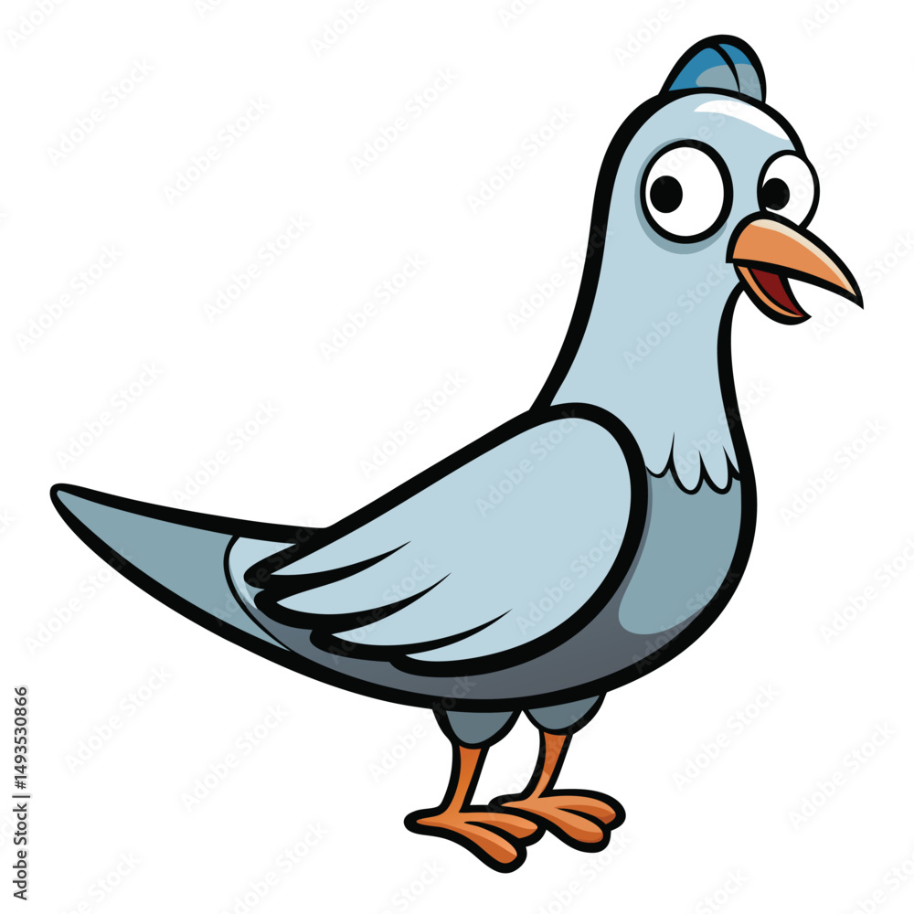 Obraz premium Cartoon pigeon with wide eyes stands attentively, its beak slightly open in a friendly expression