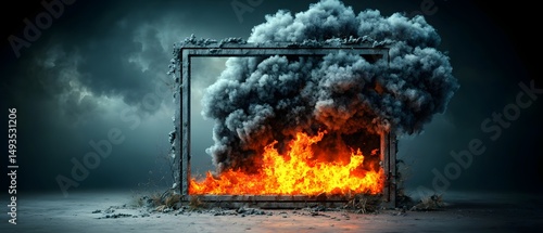 Raging brushfire engulfs a desolate landscape under a dramatic thunderous sky