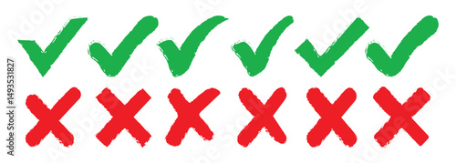 Grunge brush stroke checkmarks with tick and cross symbols. Green and re grunge style vector illustration of two checkbox icons on a white background. Hand drawn tick and cross, x mark, yes no buttons