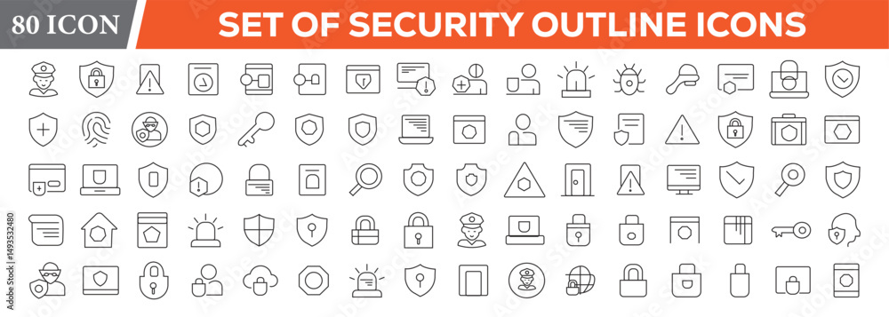 Security outline icon set. Big UI icon set in a flat design. Editable stroke. Set of Security web icons in line style. Guard, cyber security, password, smart home, safe Locked. Security outline icon set. Big UI icon set in a flat design. Editable stroke. Set of Security web icons in line style. Guard, cyber security, password, smart home, safe Locked.