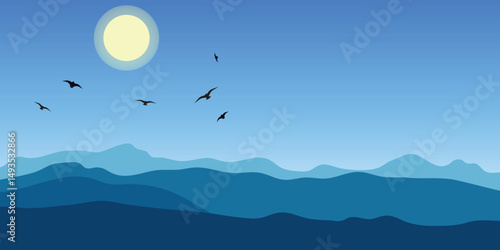 A minimalist tranquil landscape with a full moon in the sky, several flying birds and silhouettes of mountains on the horizon.