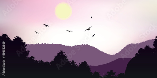 Landscape with the setting or rising sun against the sky with a gradient from pink to white, silhouettes of forests and mountains in purple and green colors and birds in the sky