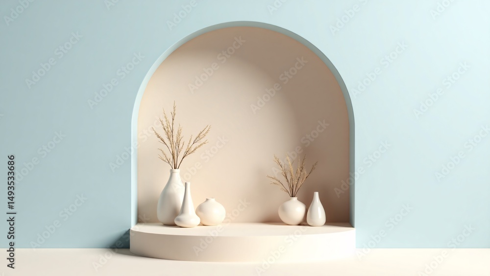 Fototapeta premium Minimalist 3D Render of Product Display Podium with Pampas Grass and Ceramic Vases in Soft Pastel Interior