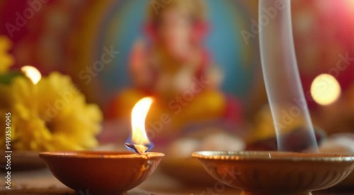 Burning diyas and incense spiritual ritual