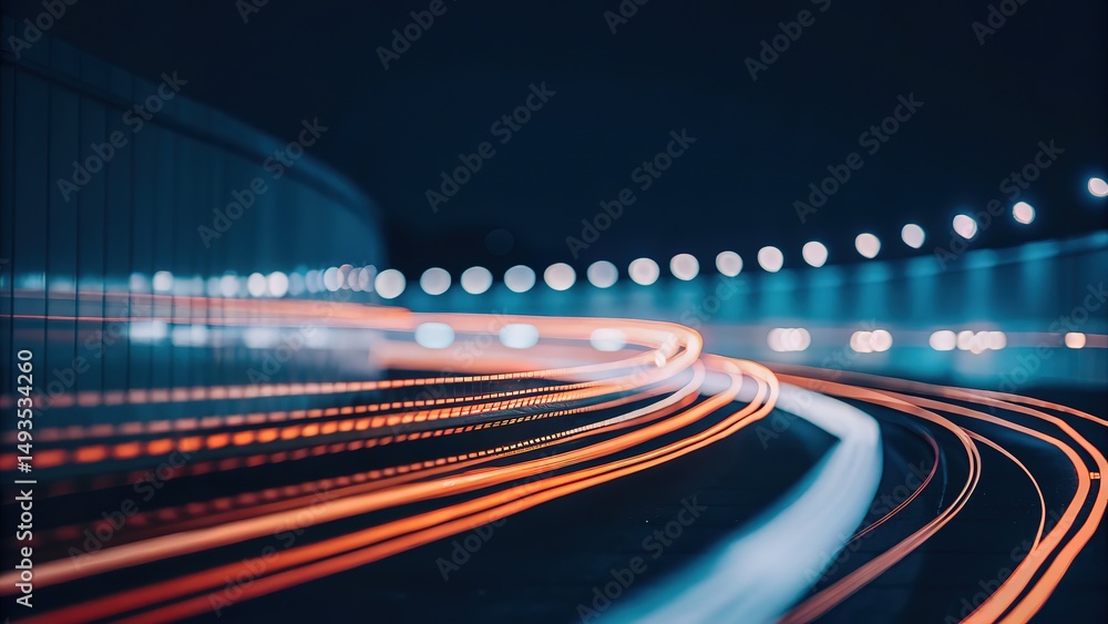Fototapeta premium Long exposure of a highway tunnel with blurry light trails at night