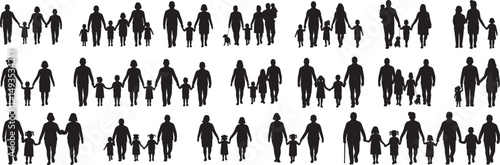 Family silhouette vector art: parents and children holding hands walking together black and white background