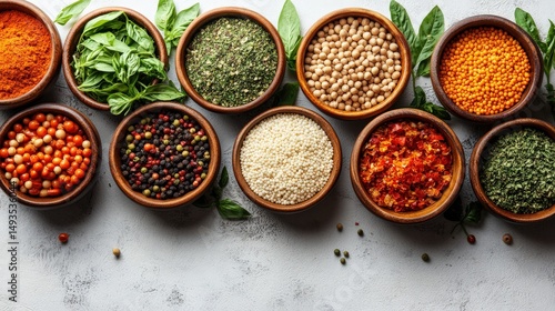 Colorful arrangement of spices and herbs in decorative bowls on a neutral surface
