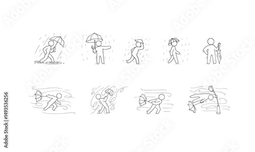 Doodle weather icons with wind and rain. Sketch of man with umbrella in storm, set of windsocks, character in rainy weather and outline swirls of strong wind, vector hand drawn illustration
