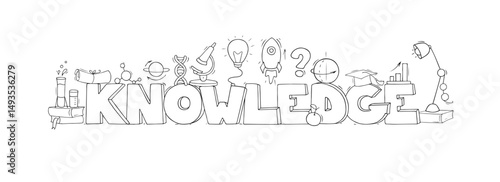 Knowledge banner with icons of school education and science. Concept of university, college or school study with text and doodle elements of physics, chemistry research, education, vector illustration