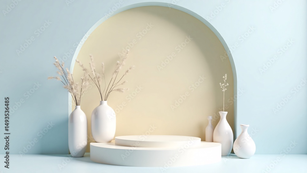 Fototapeta premium Minimalist 3D Render of Product Display Podium with Pampas Grass and Ceramic Vases in Soft Pastel Interior