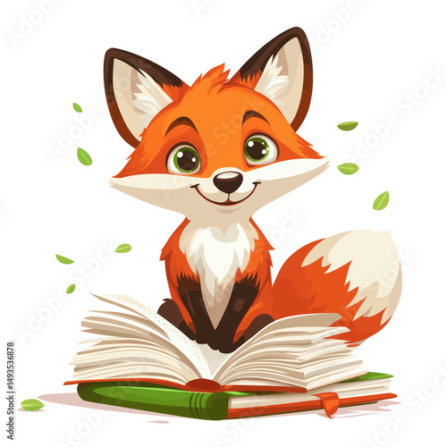 Cute cartoon fox reading a book