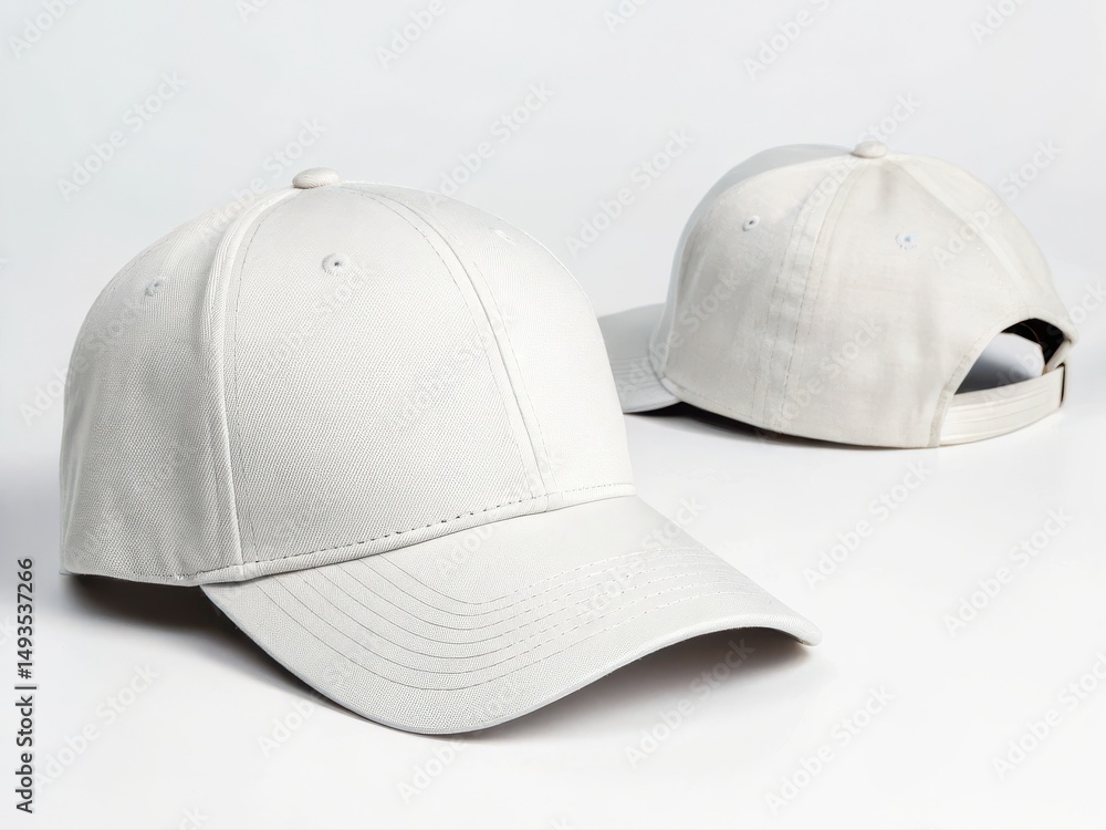 Fototapeta premium Baseball Cap Mockup. Two white baseball caps displayed from different angles on a neutral background.