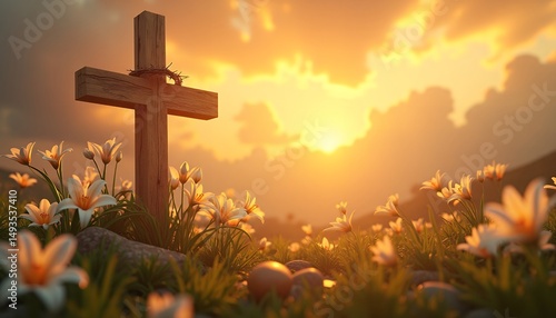 Cross with Lilies and Crown of Thorns at Sunset