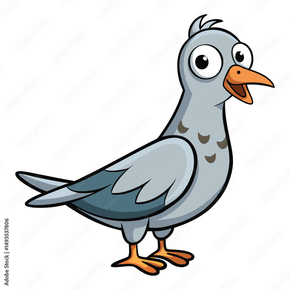 Fototapeta premium Cartoon pigeon happily stands with its mouth open, with a detailed black outline and feather