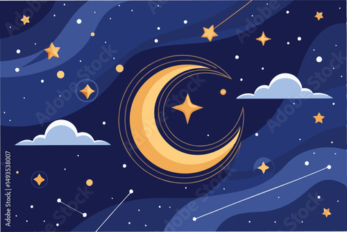 Vector illustration depicting a crescent moon surrounded by stars and clouds in a dark blue night sky highlighting cosmic beauty and tranquility