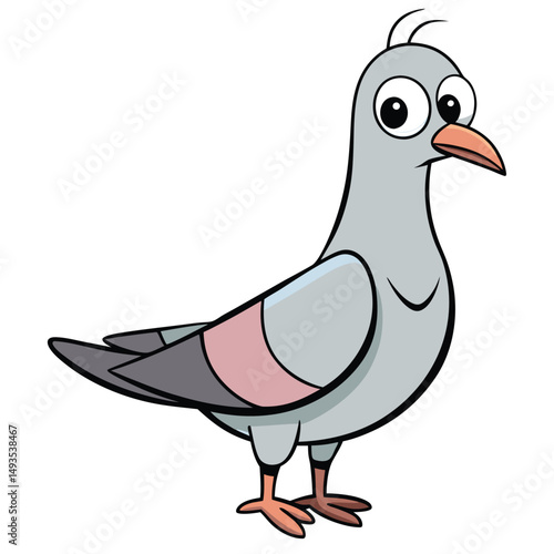 Cartoon pigeon with large eyes stands looking forward in a playful manner