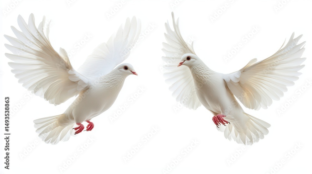 Naklejka premium Serene Collage of Two Free-Flying Doves Against a Pure White Canvas
