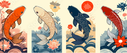 Elegant Japanese Koi Fish Vector Illustration in Ukiyo-e Style with Lotus Flowers and Waves – Modern Decorative Art
