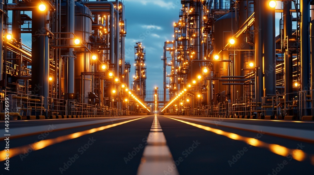 Fototapeta premium evening-lit refinery entrance with symmetric fencing, clean access road, low contrast shadows, industrial calm, high texture detail