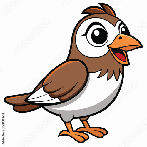 Adorable brown sparrow sings merrily with open beak and bright eyes looks friendly