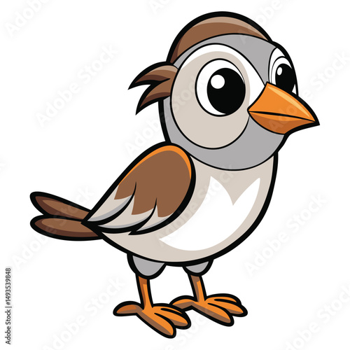 A cute cartoon sparrow stands attentively looking forward on a solid white background