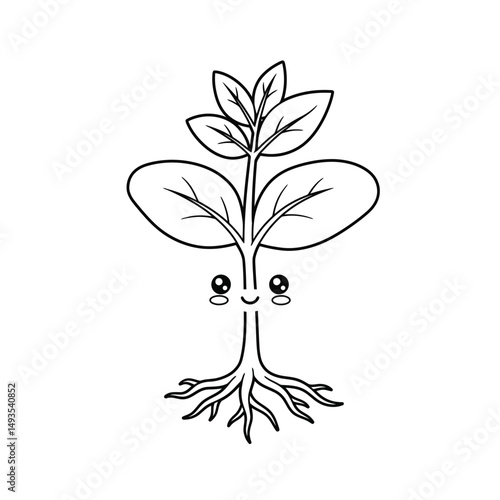 Little seedling sprout cute cartoon outline line art illustration. Gardening farming agriculture coloring book page activity worksheet for kids