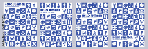 Summer seamless blue poster set featuring tropical icons like sunglasses, pineapples, shells, surfboards, anchors, and cocktails. Perfect for beach party decor, vacation themes, or summer backgrounds.