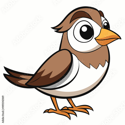 Cartoon sparrow with brown feathers and orange beak looks curiously to the side