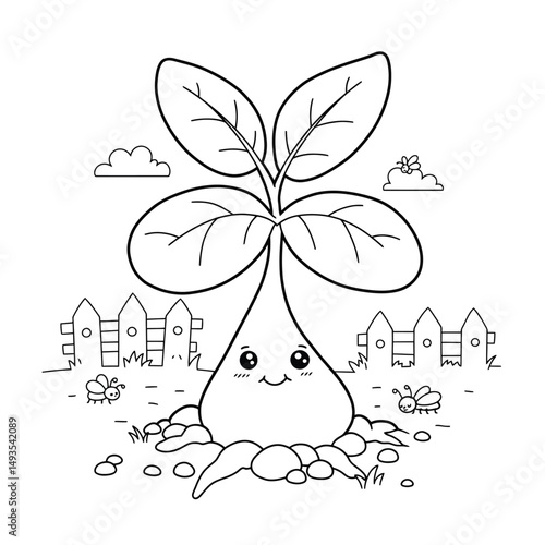 Little seedling sprout cute cartoon outline line art illustration. Gardening farming agriculture coloring book page activity worksheet for kids