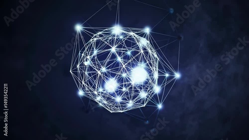 Rotating digital sphere connecting glowing network nodes pulsing against dark backdrop