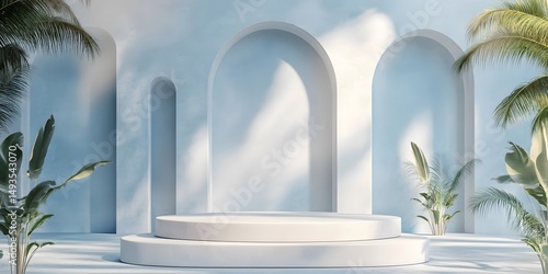 Light-blue, arched, minimalist display podium with tropical plants.