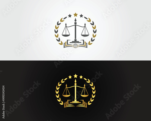 Elegant law firm logo design scales of justice with book and laurel wreath vector template