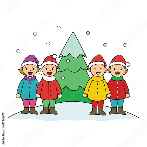 A joyful chorus of children sings beneath gently falling snow, gathered around a twinkling Christmas tree, spreading warmth and festive cheer.
