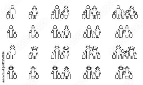 People and luggage. Man, woman, couple, elderly people, family with suitcases on the trip, vacation or summer holidays. Thin line vector icons set. Editable Strokes
