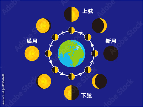 地球と月の満ち欠けの図解イラスト素材3