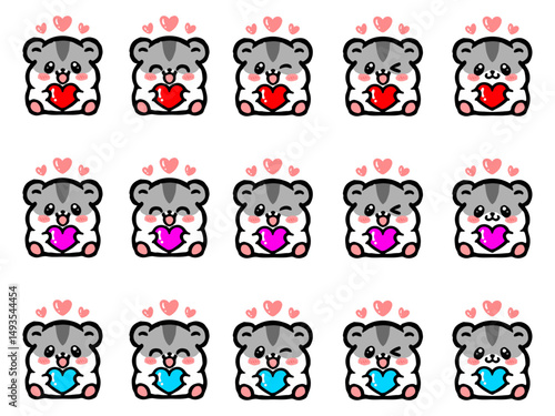 ハートを持ったかわいいジャンガリアンハムスターのイラスト素材セット
