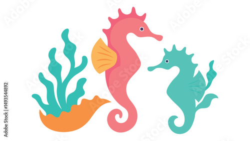 Seahorses and Coral Vector Illustration on White Background.