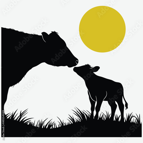 Cow and calf touching noses in a field during golden hour image silhouette design vector art and illustration