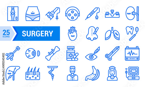 A Set of 25 Blue Lineal Surgery Icons for Medical Design.