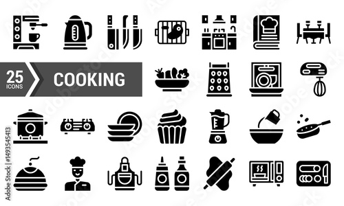 25 Black Glyph Icons for Cooking and Food Preparation.