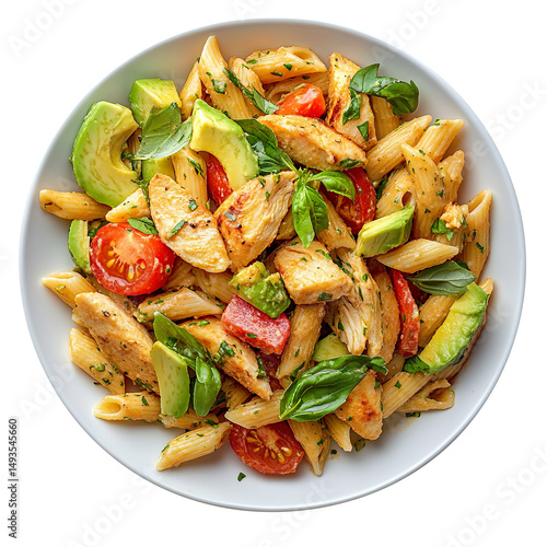 Chicken pasta salad with avocado and tomato on a plate, isolated on a White background.