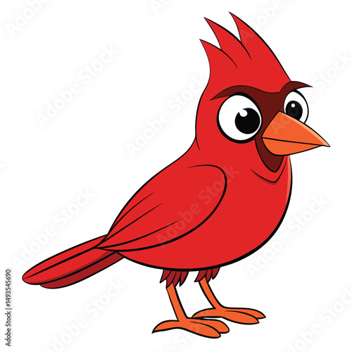Cartoon red cardinal bird is shown standing with bright plumage and large eyes
