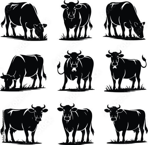 Cow Silhouette Set – Farm Animal Vector Icons Cattle Silhouette Collection – Cow, Bull, Calf Icons Pack
