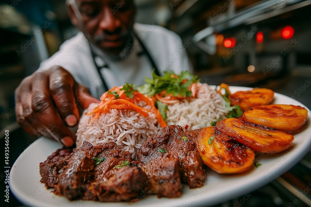 Chef's hand holding plate of Pabellon Criollo, shredded beef with rice and beans, bright modern kitchen background. Concept of culinary art featuring Pabellon Criollo. Chef's hand holding plate of Pabellon Criollo, shredded beef with rice and beans, bright modern kitchen background. Concept of culinary art featuring Pabellon Criollo.