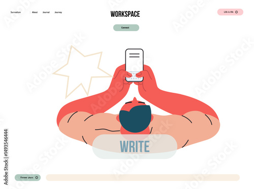 Writing people, modern flat vector concept illustration- sitting man thoughtfully writing on laptop, bubble near head, top view. Metaphor for reflection, insight, contemplation, creative expression