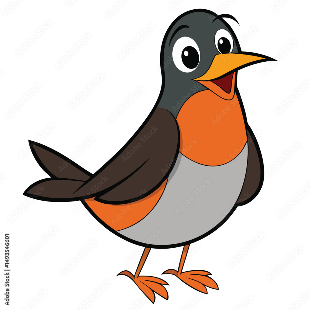 Fototapeta premium A cute cartoon robin character stands smiling with an orange beak against a white background