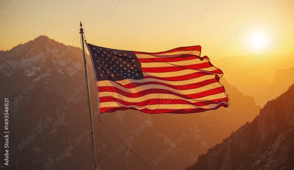 Obraz premium American Flag Waving Proudly at Sunset atop Rocky Mountains – Patriotic USA Landscape Photography